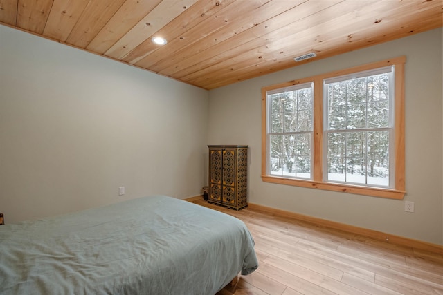 bedroom with wood ceiling, multiple windows, visible vents, and wood finished floors