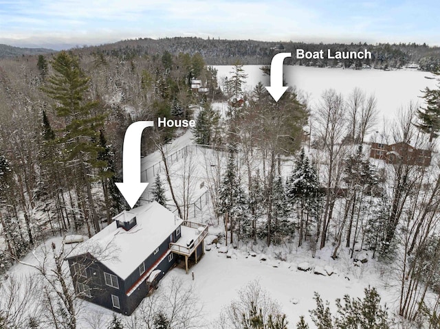 snowy aerial view with a view of trees