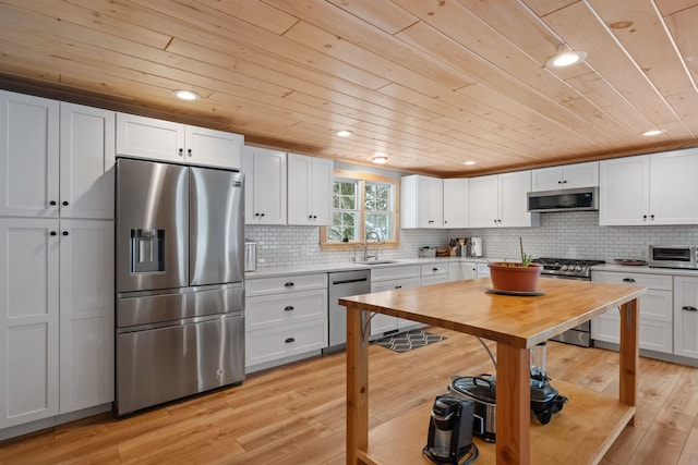 kitchen with light wood finished floors, decorative backsplash, wooden ceiling, stainless steel appliances, and a sink