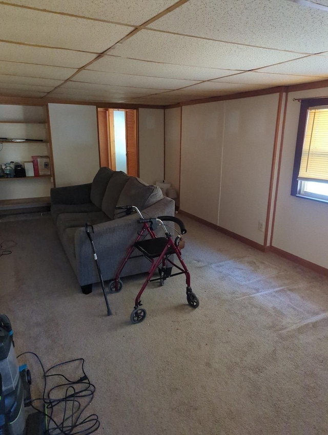 carpeted living room featuring a drop ceiling