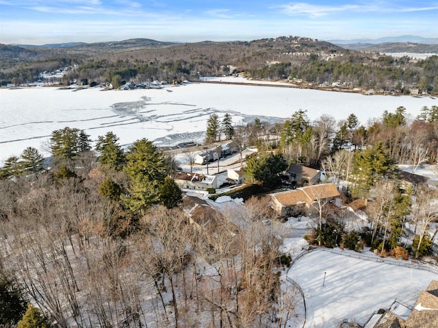 snowy aerial view with a mountain view