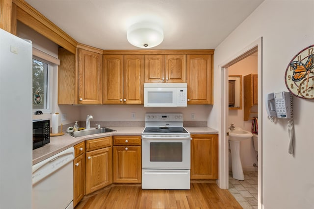 kitchen with sink, white appliances, and light hardwood / wood-style flooring