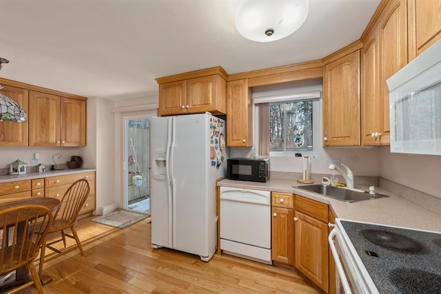 kitchen with sink, white appliances, and light hardwood / wood-style floors