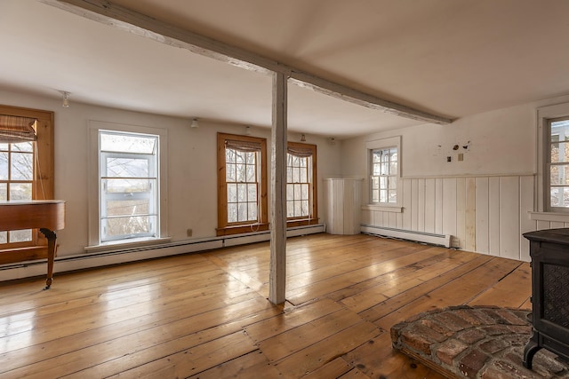 unfurnished living room with a wood stove, baseboard heating, beam ceiling, and light hardwood / wood-style flooring