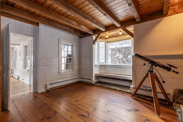 interior space featuring a wealth of natural light, wood-type flooring, beamed ceiling, and wooden ceiling