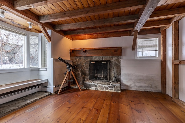 unfurnished living room with a healthy amount of sunlight, wood ceiling, and wood-type flooring