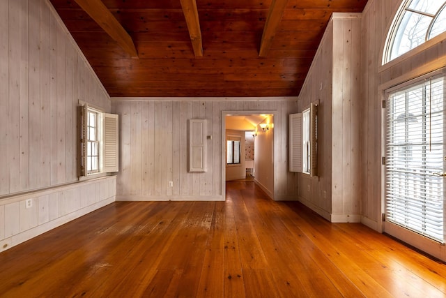 unfurnished room with light hardwood / wood-style flooring, lofted ceiling with beams, wooden walls, and wooden ceiling