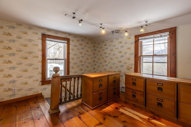 interior space with baseboard heating, dark hardwood / wood-style floors, and track lighting