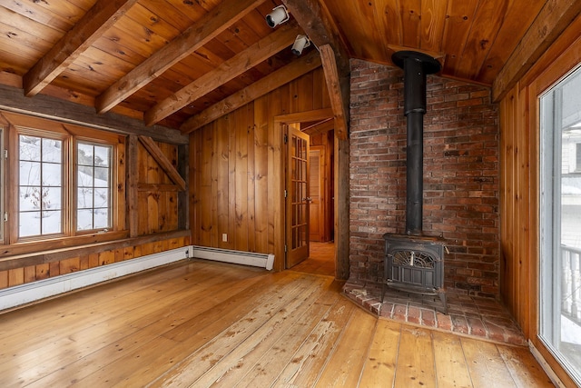 unfurnished living room with a wood stove, lofted ceiling with beams, wood walls, and light wood-type flooring