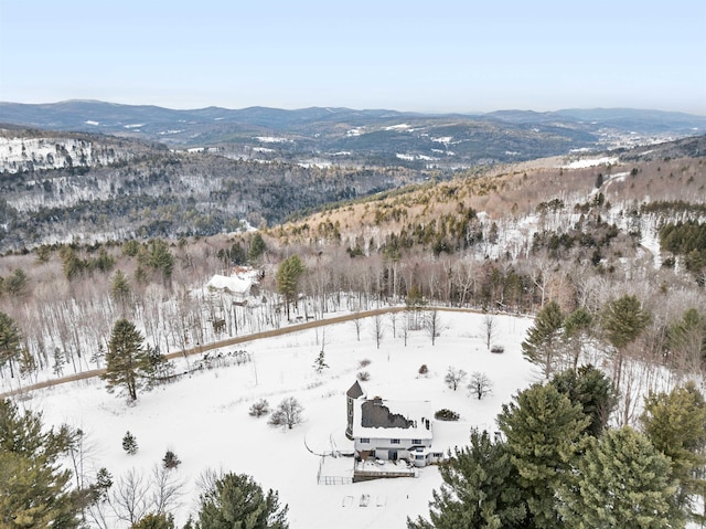 snowy aerial view featuring a mountain view