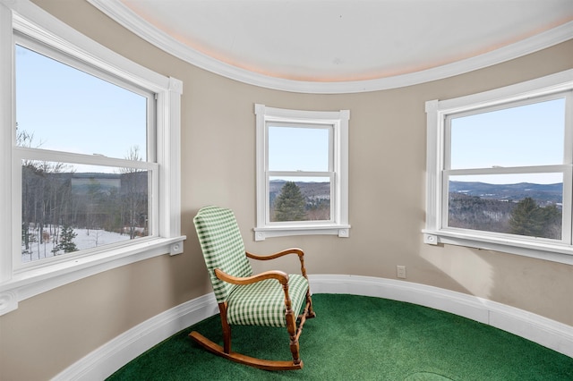 sitting room featuring carpet, ornamental molding, and plenty of natural light