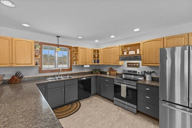 kitchen with appliances with stainless steel finishes, gray cabinetry, decorative light fixtures, light brown cabinetry, and sink