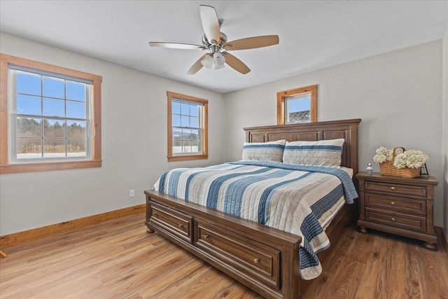 bedroom with ceiling fan and light hardwood / wood-style floors