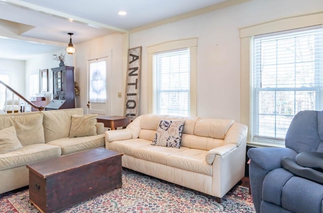 living room with crown molding