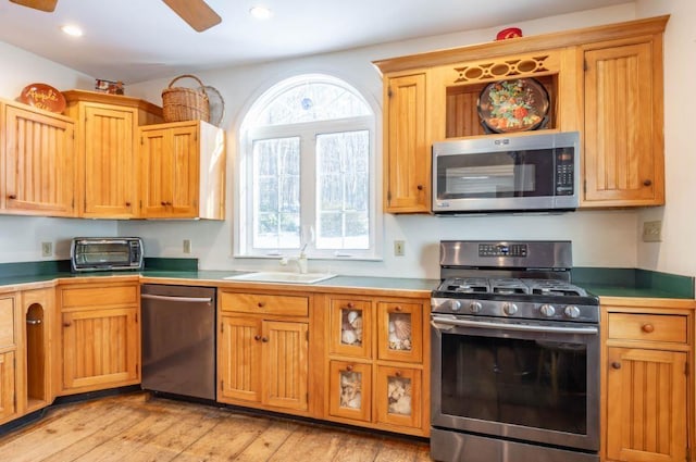 kitchen featuring light wood-type flooring, ceiling fan, appliances with stainless steel finishes, and sink