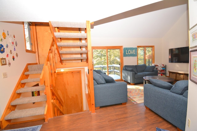 living room featuring vaulted ceiling and dark hardwood / wood-style floors