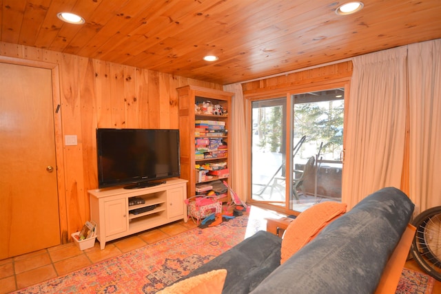 living room featuring light tile patterned flooring, wood ceiling, and wooden walls