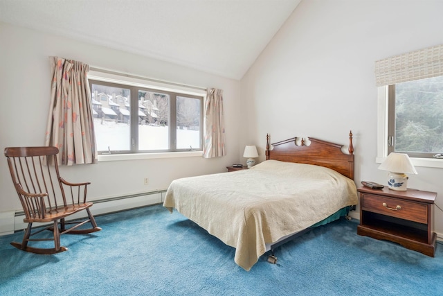 bedroom with vaulted ceiling, carpet floors, and a baseboard radiator