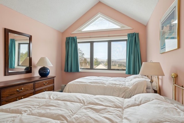 bedroom featuring vaulted ceiling and a textured ceiling