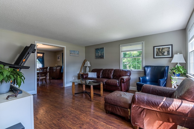 living room featuring a textured ceiling and dark hardwood / wood-style floors