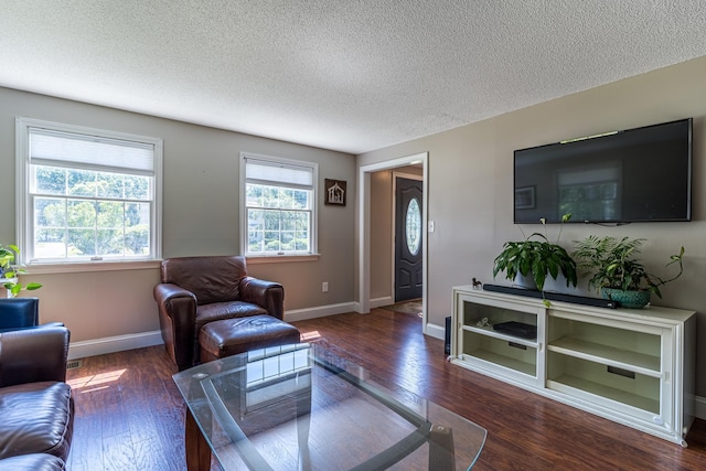 living room featuring dark wood-type flooring and a textured ceiling