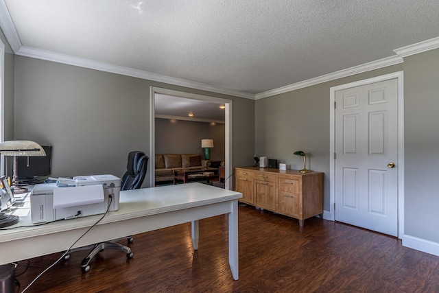 office featuring dark hardwood / wood-style floors, ornamental molding, and a textured ceiling