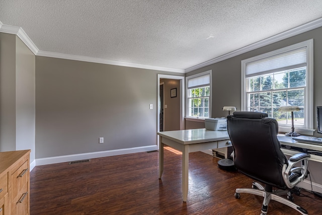 home office featuring a textured ceiling, dark hardwood / wood-style flooring, and ornamental molding