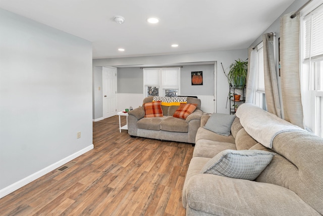 living room with plenty of natural light and hardwood / wood-style floors