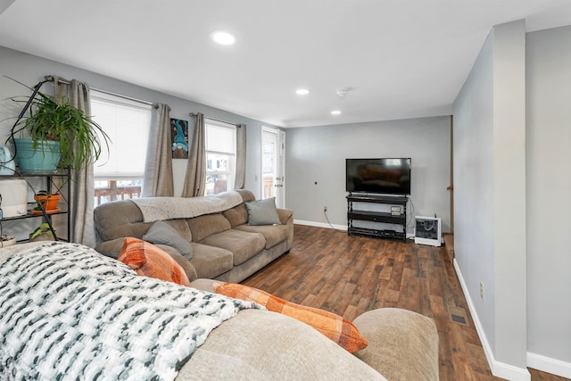 living room with dark hardwood / wood-style floors