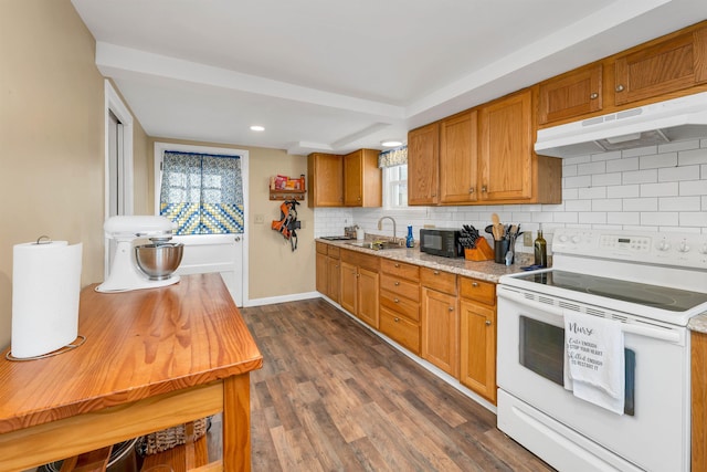 kitchen with tasteful backsplash, sink, dark hardwood / wood-style flooring, and white electric stove