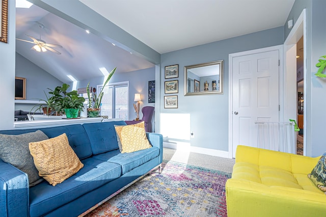 living room featuring radiator, ceiling fan, carpet, and lofted ceiling