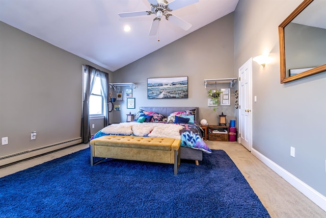 carpeted bedroom featuring ceiling fan, baseboard heating, and high vaulted ceiling