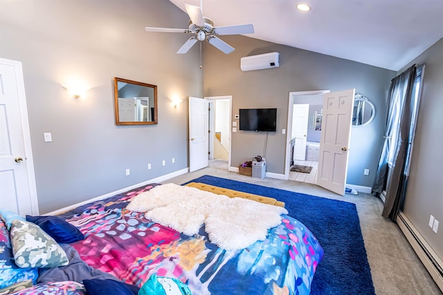 bedroom with ceiling fan, an AC wall unit, ensuite bath, light carpet, and baseboard heating