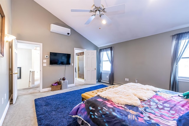 bedroom featuring a baseboard radiator, high vaulted ceiling, ceiling fan, light colored carpet, and a wall mounted air conditioner