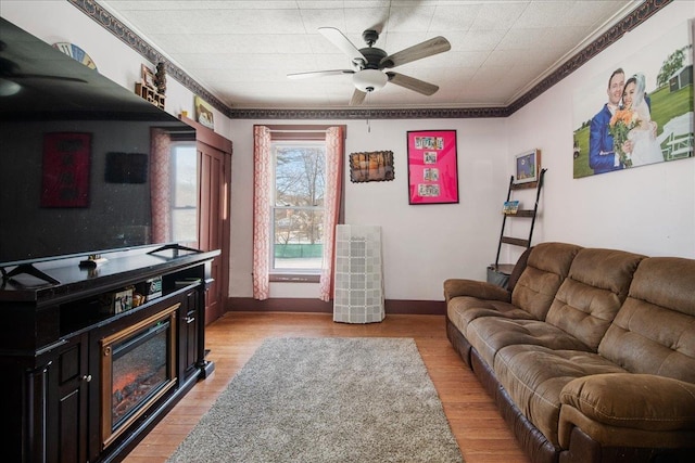 living room featuring ceiling fan, ornamental molding, and light hardwood / wood-style floors