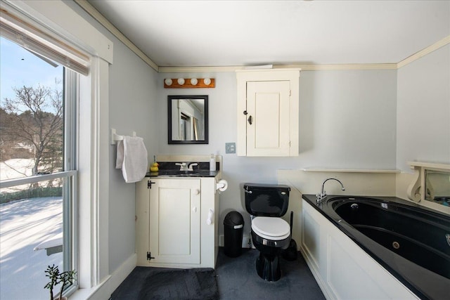 bathroom with toilet, vanity, a bathtub, and ornamental molding