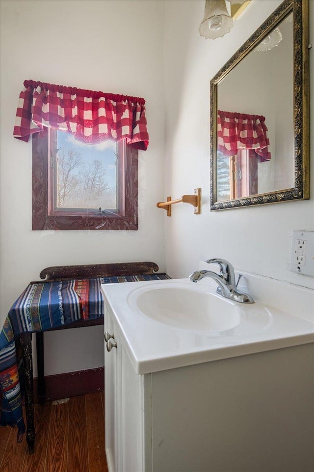 bathroom with vanity and hardwood / wood-style floors