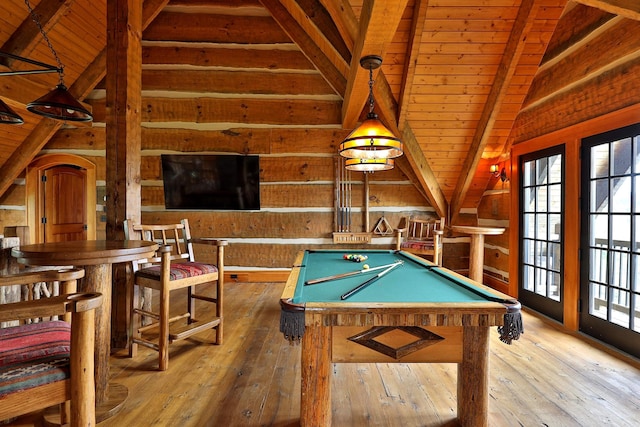 game room with lofted ceiling with beams, wood ceiling, pool table, and light hardwood / wood-style flooring