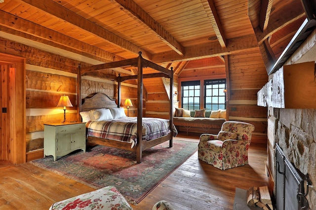 bedroom featuring wood-type flooring, beam ceiling, wood ceiling, and wooden walls