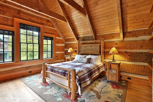 bedroom featuring light wood-type flooring, wood ceiling, wooden walls, and lofted ceiling with beams