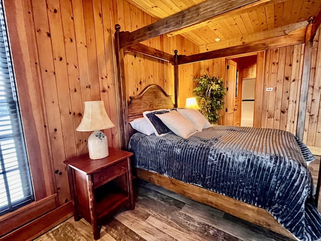 bedroom featuring wooden ceiling, wood-type flooring, beam ceiling, and wooden walls