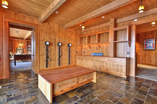 mudroom featuring wood ceiling, beam ceiling, and wooden walls