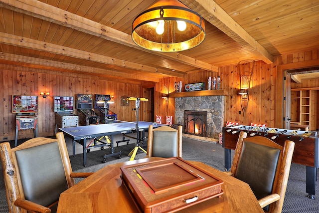 playroom featuring wooden ceiling and beamed ceiling