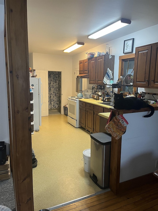 kitchen featuring light hardwood / wood-style floors and white appliances