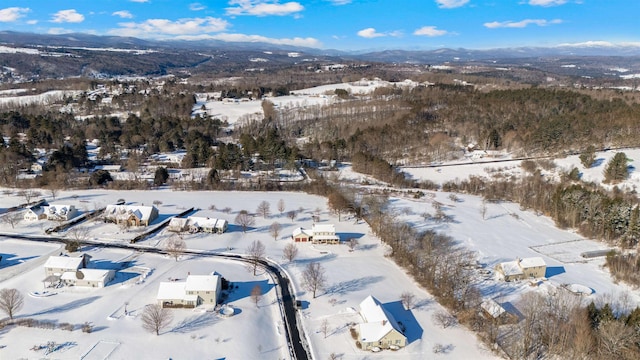 snowy aerial view featuring a mountain view