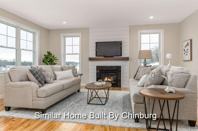 living room featuring hardwood / wood-style flooring, a wealth of natural light, and a fireplace