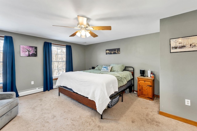 bedroom with ceiling fan, light colored carpet, and a baseboard heating unit