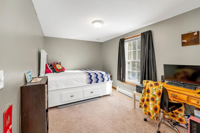 carpeted bedroom with a baseboard heating unit