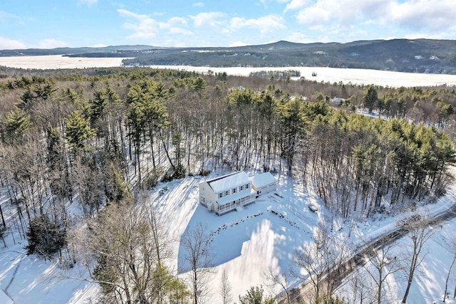 snowy aerial view featuring a mountain view