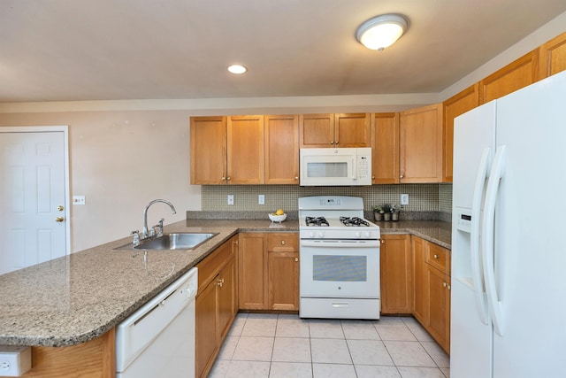 kitchen featuring sink, white appliances, kitchen peninsula, and tasteful backsplash